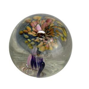 Art Glass Jellyfish Paperweight Pink Yellow Tentacles Ocean Decor Artist Signed